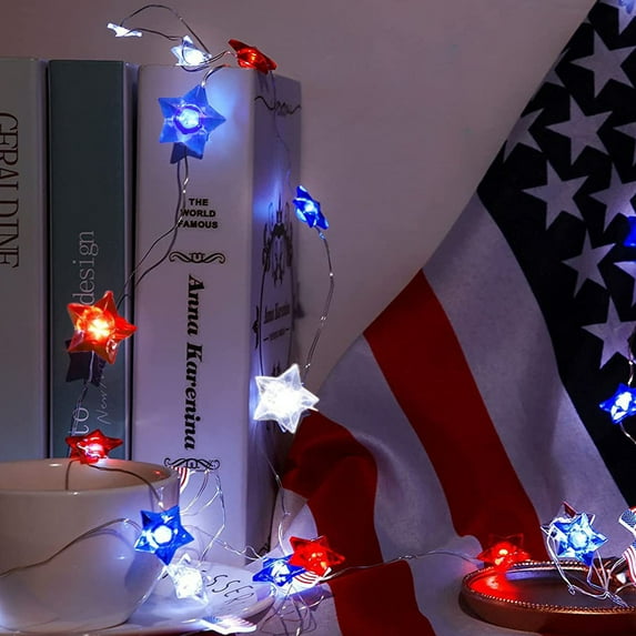 Clearance Under $5 Boovnll Red White and Blue Lights, 16.5FT - 50 LED Waterproof Battery Operated Patriotic Decor 4th of July Lights for Indoor Outdoor, Front Door Party Decor, 4th of July Decorations