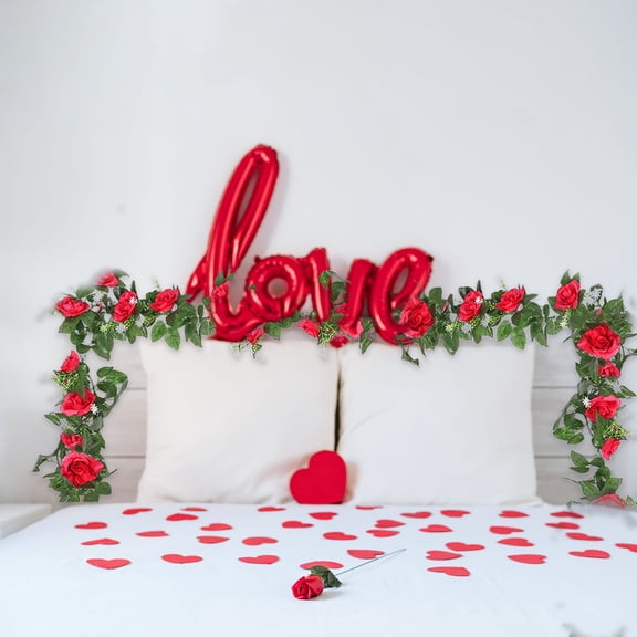 Clearance under $5! CSSAD Valentine's Day Garland,Simulation 10 Heads of Rose Vines Plant Decoration,Scene Setting,Wall Hanging Mantel Tabletop Decor,86.6inches,Red