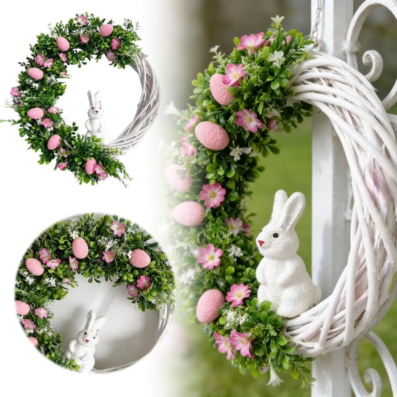 Clearance Under $5 Easter Decor, Easter Wreath with Bunny and Eggs Floral Vine Ring for Front Door Wall Hanging Festive Birdseed Wreaths 20" Boxwood Wreath