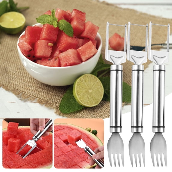 FAMTKT Stainless Steel Watermelon Cutter Multifunctional Watermelon Fork Cut Melon Splitter Cut Of Melon Cutting Tool Fruit Fork Double Line Handle 3pcs