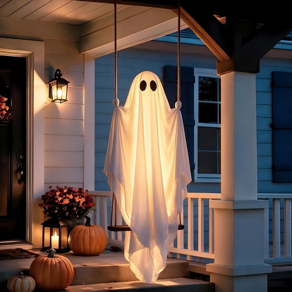 Clearance 5 FT Hanging Ghost Decor,Early Halloween Decorations Light-Up Flying Ghost on Broomstick with Witch Hat, Witch Broom, Spooky Cute Outdoor Halloween Yard Decorations (Smile Face)