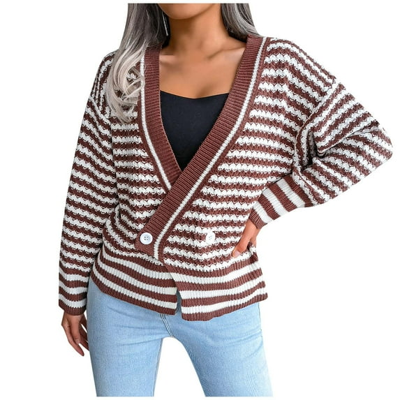 Clearance under $5 JINMGG 2025 Fall Winter Plus Size Sweaters for Women Clearance,Women Fashion Casual Loose Stripe Splicing Sweater V-neck Knitted Sweater