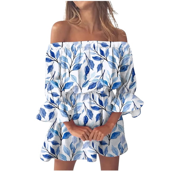 under $5 JINMGG 2026 Summer Plus size Dresses for Women under $10,Fashion Women's Summer Casual Off Shoulder Printing Bell Sleeve Dresses