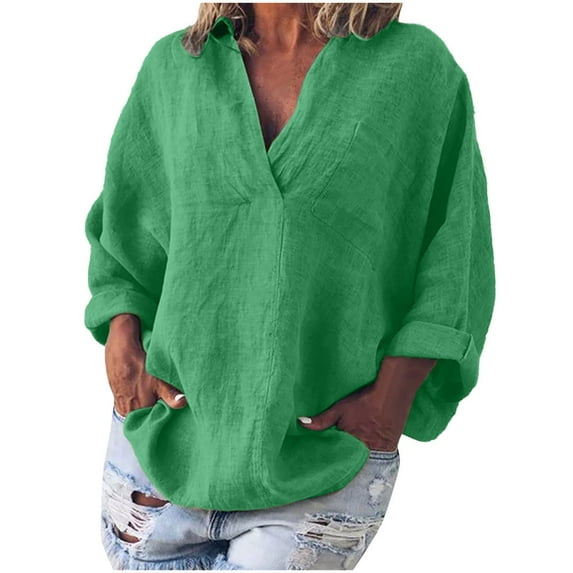 Clearance under $5 JINMGG Clearance Womens Tops,Women's Fashion Solid Color Tops Long Sleeved Loose Cotton and Linen Loose Shirt Blouse V-Neck Casual Tops,Green S