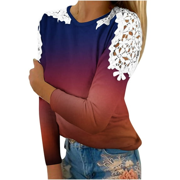 under $5 JINMGG Fall Winter Long Tops for Women, Womens Plus Size Women's Summer Casual Long Sleeve Blouse Round Neck Printing Lace Tops T-Shirt
