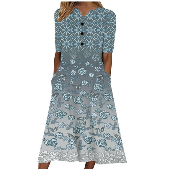 under $5 Omexry Summer Dresses 2026, Dresses for Women 2026 Women Fashion Summer Casual Short Sleeve V-Neck Printing Dress Loose Dress Blue XXXL