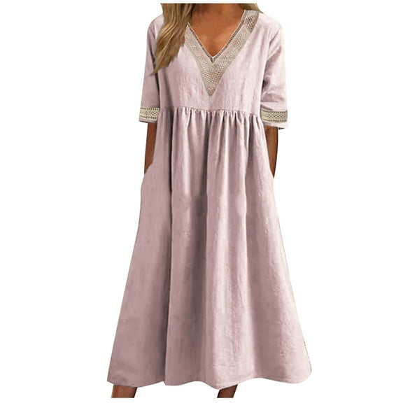 under $5 JINMGG Summer Dresses 2026, Dresses for Women 2026 Women's Summer New Solid Color Short-sleeved Lace V-neck Waistline Hem Dress Pink M