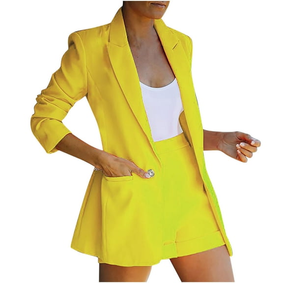under $5 JINMGG Two Piece Outfits Women, 2026 Fashion Fall Womens Ladies Solid Turn Down Collar Jacket Long Sleeve Coat Outerwear Blazer Yellow L