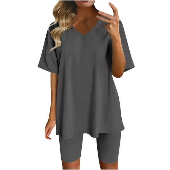 under $5 JINMGG Two Piece Outfits Women, 2026 Fashion Fall Women Fashion V-Neck Blouse Short Sleeve Tops Shorts Casual Suit Sets Gray XXL