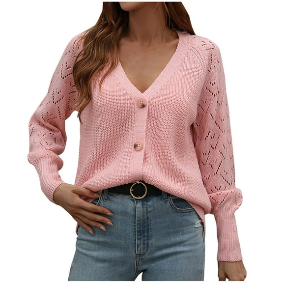 under $5 JINMGG V Neck Sweaters for Women Fall Winter ,Women Casual Solid Knitting Buttons Hollow Out Long Sleeve V-Neck Sweaters Tops