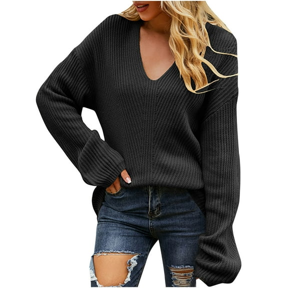 Clearance under $5 JINMGG V Neck Sweaters for Women Fall Winter Clearance,Women's Fashion Winter Solid Color Long Sleeve Pullover V-Neck Long Sleeve Sweater Tops