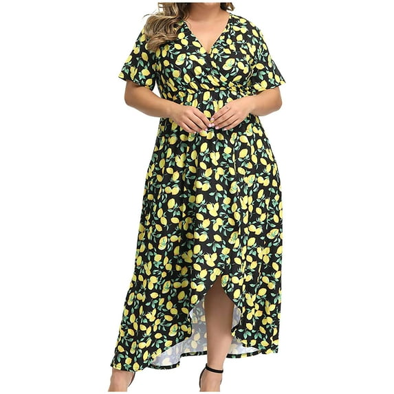 under $5 JINMGG Womens Plus Size $5 Fashion Women Plus Size Maxi Dresses Printing V-Neck Summer Casual Flowy Long Dress Yellow XXL