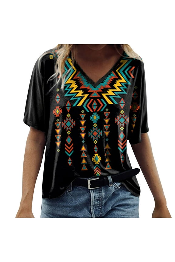 under $5 JINMGG Womens Plus Size $5 Women Casual Retro Western Short Sleeve V-neck Geometry Print Ethnic Blouse T-Shirt Tops Black XXL