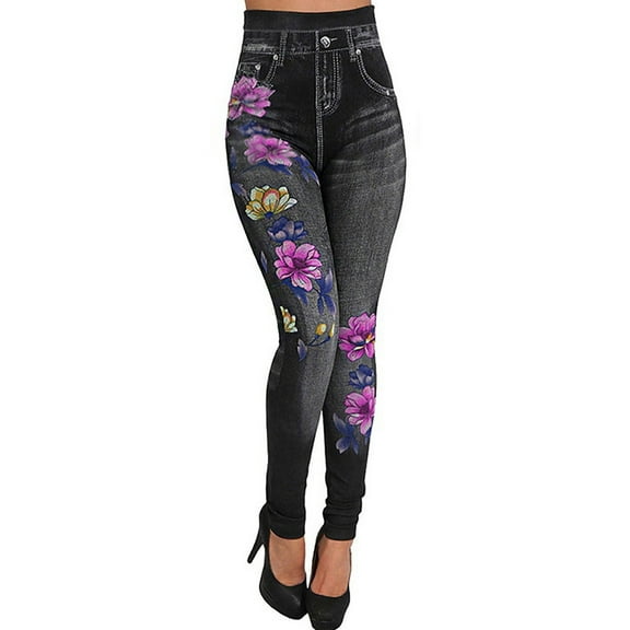 Miqool Women's Floral Denim Print Fake Jeans Stretch Skinny Seamless Pull-On Leggings Buttery Soft Tummy Control High Waisted Yoga Leggings