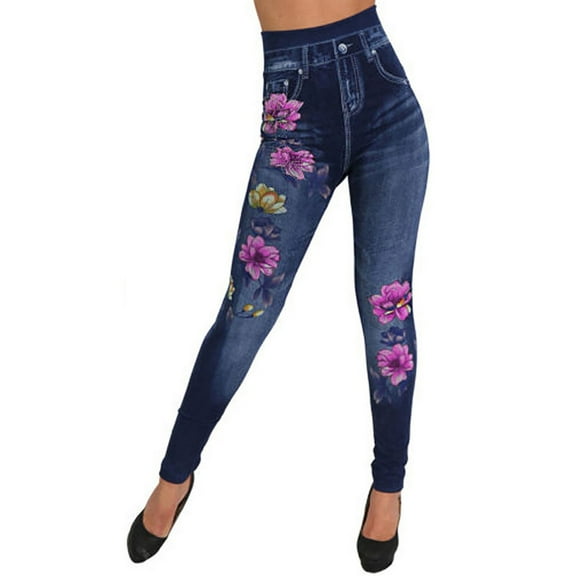 Miqool Women's Floral Denim Print Fake Jeans Stretch Skinny Seamless Pull-On Leggings Buttery Soft Tummy Control High Waisted Yoga Leggings