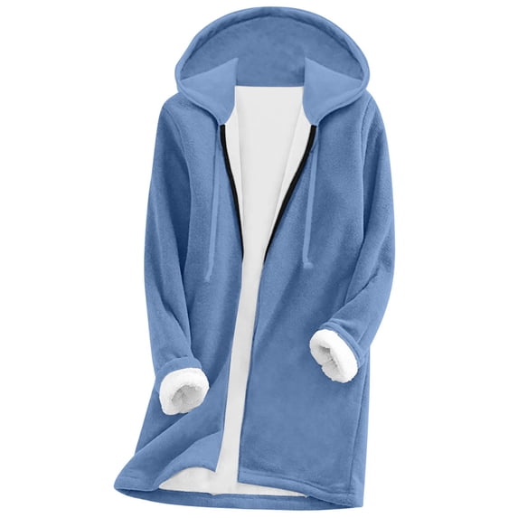 under $5 Omexry Womens Plus Size T-Shirts, Women Fall and Winter Loose Hooded Full Zipper Thickened Fleece Lambhair Warm Jacket with Pockets Blue S