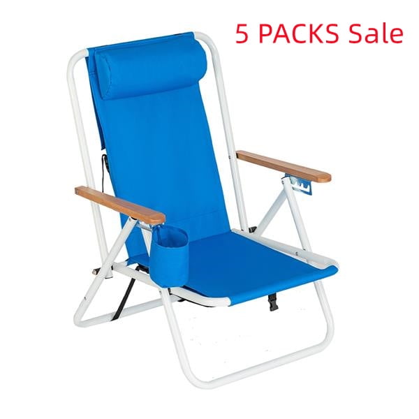 Clearance!  5 PCAKS Folding Lounge Chair,Portable High Beach Chair,Patio Folding Lightweight Camping Chair, Outdoor Garden Park Pool Side Lounge Chair, with Cup Holder, Adjustable Headrest, Blue