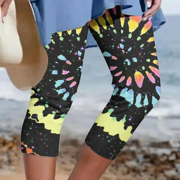 Under $5 PEONAVET Leggings for Women Floral Print High Waist s Pants Tummy and Control Knee Length Slim Fit Yoga Workout Exercise Cropped Trouser - Summer's Top Trends