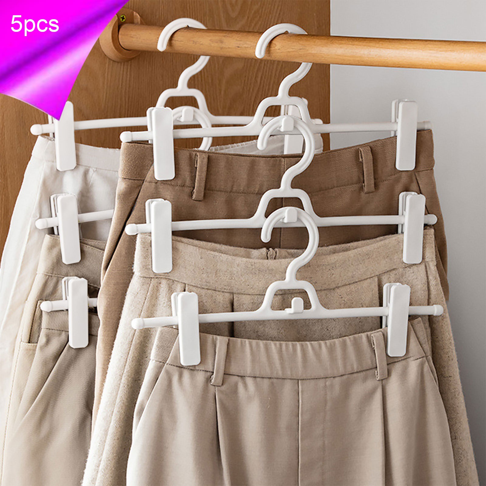 Clearance! 5 Pack Pants Hangers with Clips, Adjustable Skirt Hangers, Light Wight Plastic Hangers, Space Saving Non-Slip Trousers Hanger for Men, Women, 13 Inch on Clearance