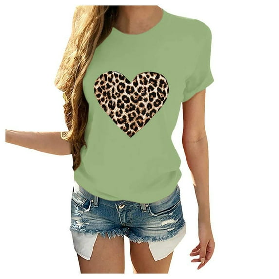 Pitauce Women's Valentines Day T-Shirts Heart Leopard Printed Blouses Casual Crewneck Pullover Short Sleeve Summer Tops Soft Comfy Holiday Basic Tee Tops