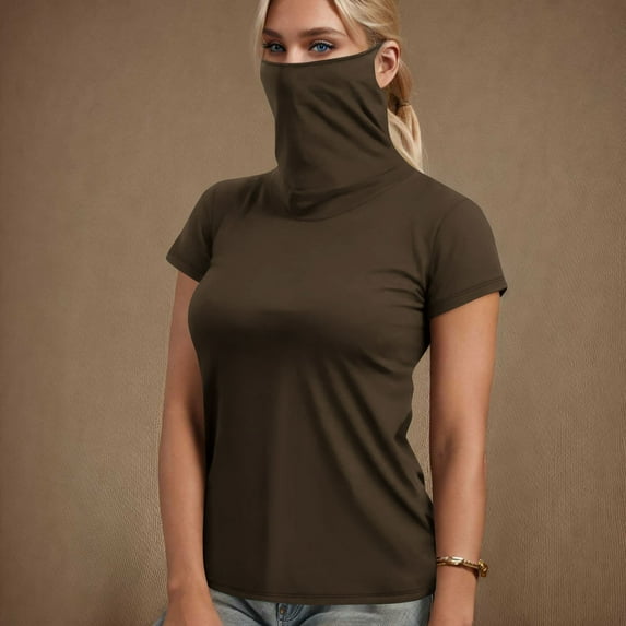 Clearance under 5$ Sevevn Women's Summer Casual Solid Color Short Sleeve Solid Color Face Mask For Sun Protection Lightweight Tops Sales Today Clearance Brown L