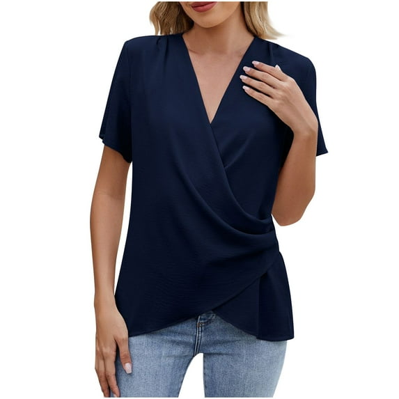 Clearance Under 5 TOPUUTP Cute Summer Tops for Women Short Sleeve Casual T-Shirts Wrap Ruched V Neck Tops Solid Flowy Tunic Blouses Presents for Women Navy L