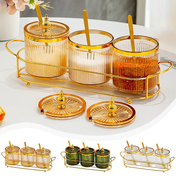 under $5 Usloyux Acrylic Condiment Spice Jars and Box with Lids, Spoons, Tray - 3 Pack, Clear Plastic Canisters, Seasoning Box Set for Salt, Paprika, Sugar - Kitchen Storage