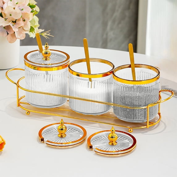 under $5 Usloyux Acrylic Condiment Spice Jars and Box with Lids, Spoons, Tray - 3 Pack, Clear Plastic Canisters, Seasoning Box Set for Salt, Paprika, Sugar - Kitchen Storage