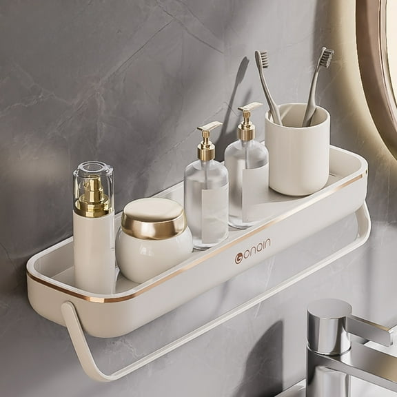 under $5 Usloyux Floating Bathroom Shelf with Towel Bar, Clear Tempered Glass Wall Shelf with Hand Towel Holder for Bathroom Storage Organizer Stylish and Space Saving