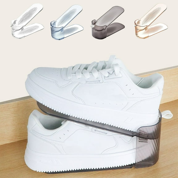 under $5 Usloyux Shoe Slots Organizer, Adjustable Shoe Stacker for Closet Storage, Clear Double Layer Space Saver, Durable and Stackable Shoe Holder for Sneakers Heels and Flat