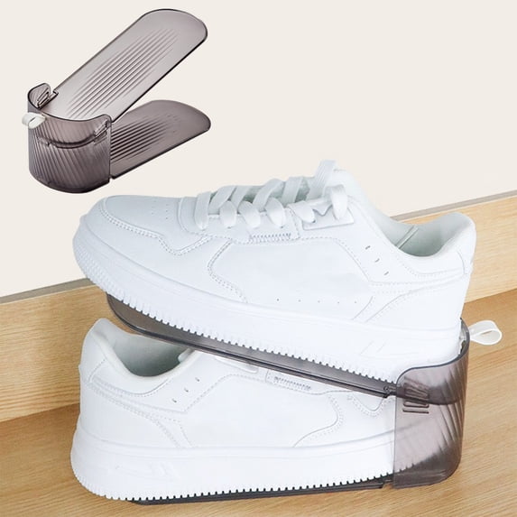 under $5 Usloyux Shoe Slots Organizer, Adjustable Shoe Stacker for Closet Storage, Clear Double Layer Space Saver, Durable and Stackable Shoe Holder for Sneakers Heels and Flat