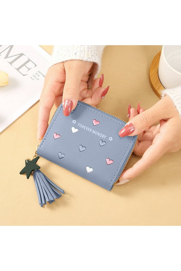 Clearance Under $5!Yyuenw Ladies Purse Wallet, PU Leather Purse with Card Slots and Compartments, Lady Credit Card Holder with Zipper, Solid Color Wallet with Embroidery Heart Pattern