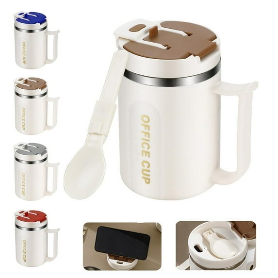 500Ml Insulated Stainless Steel Coffee Mug with Lid and Handle, and Folding Spoon Inside, Multi-Functional Mug for Coffee, Drinks and Juice
