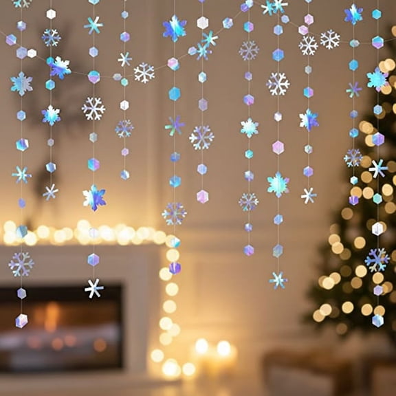 Clearance 52Ft Winter Wonderland Party Decoration Iridescent Snowflake Garland Holographic Paper Snowflake Streamer for Winter Onederland Christmas Frozen Birthday Wedding Shower Party Supplies