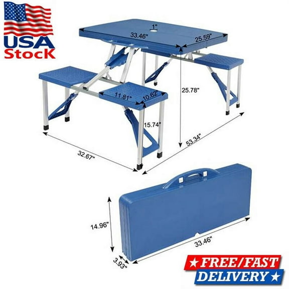 Clearance! 54 inch Folding Table Portable Plastic Indoor Outdoor Picnic Party Dining Camp Tables with 4 Seats, Blue Folding Tables