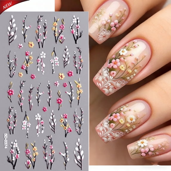 Clearance!5D Embossed Nail Art Stickers, 3D Floral Self‑Adhesive Nail Decals, Spring Blossom Flower Design, DIY Nail Art Decorations for Women Girls Supplies