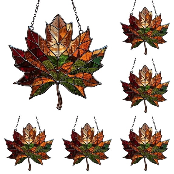 Clearance Under $6, 5 Pcs Maple Leaf Hanging Ornament, Stained-Glass Style Acrylic Suncatcher, Autumn Fall Window Wall Decor for Thanksgiving Home Decoration, 10*10*5cm(B*5)