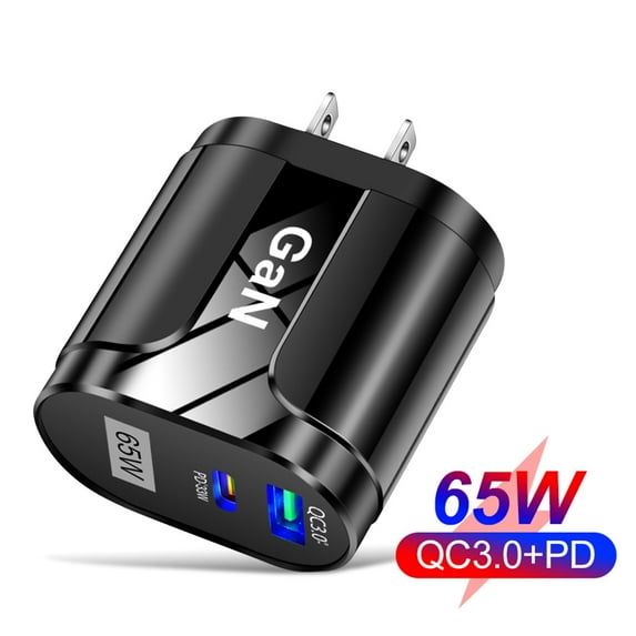 on 65W GaN Type C Wall Charger Block,2-Port Fast Charging Block,PD USB C Plug Adapter+QC Plug Compatible with iPhone 16E/16Pro Max/16Plus/16/15/14/13/12/11/SE/XS Max,iPad Pro,AirPods(Black)