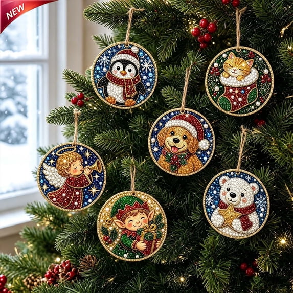 Clearance! 6Pcs Wooden Christmas Ornaments DIY Pearl Art Kits for Adults, Hanging Diamond Art Christmas Ornaments Set with Pearls, Special-Shaped Gems & Jute Twine, Christmas Decor Craft(F)