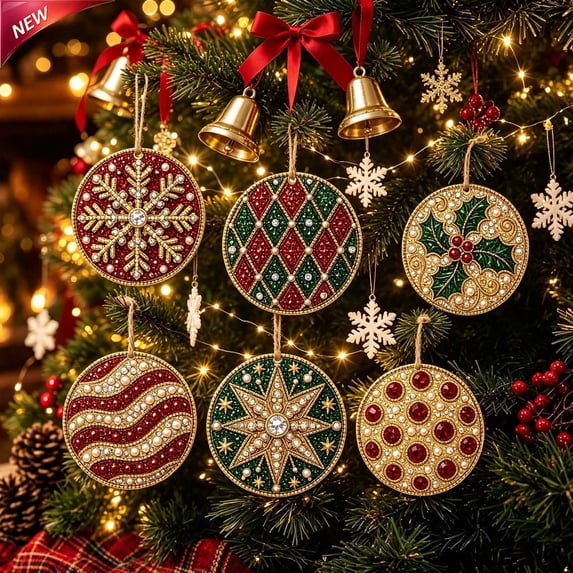 Clearance! 6Pcs Wooden Christmas Ornaments DIY Pearl Art Kits for Adults, Hanging Diamond Art Christmas Ornaments Set with Pearls, Special-Shaped Gems & Jute Twine, Christmas Decor Craft(C)