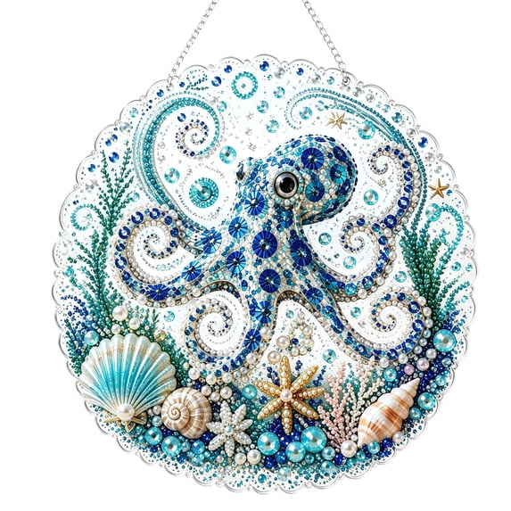 Clearance! 7.9" Ocean DIY 3D Beaded Kit, Ocean Diamond Art Suncatchers, Sun Catcher Window Hangings, DIY Pearl Diamond Art Kits for Adults, Octopus