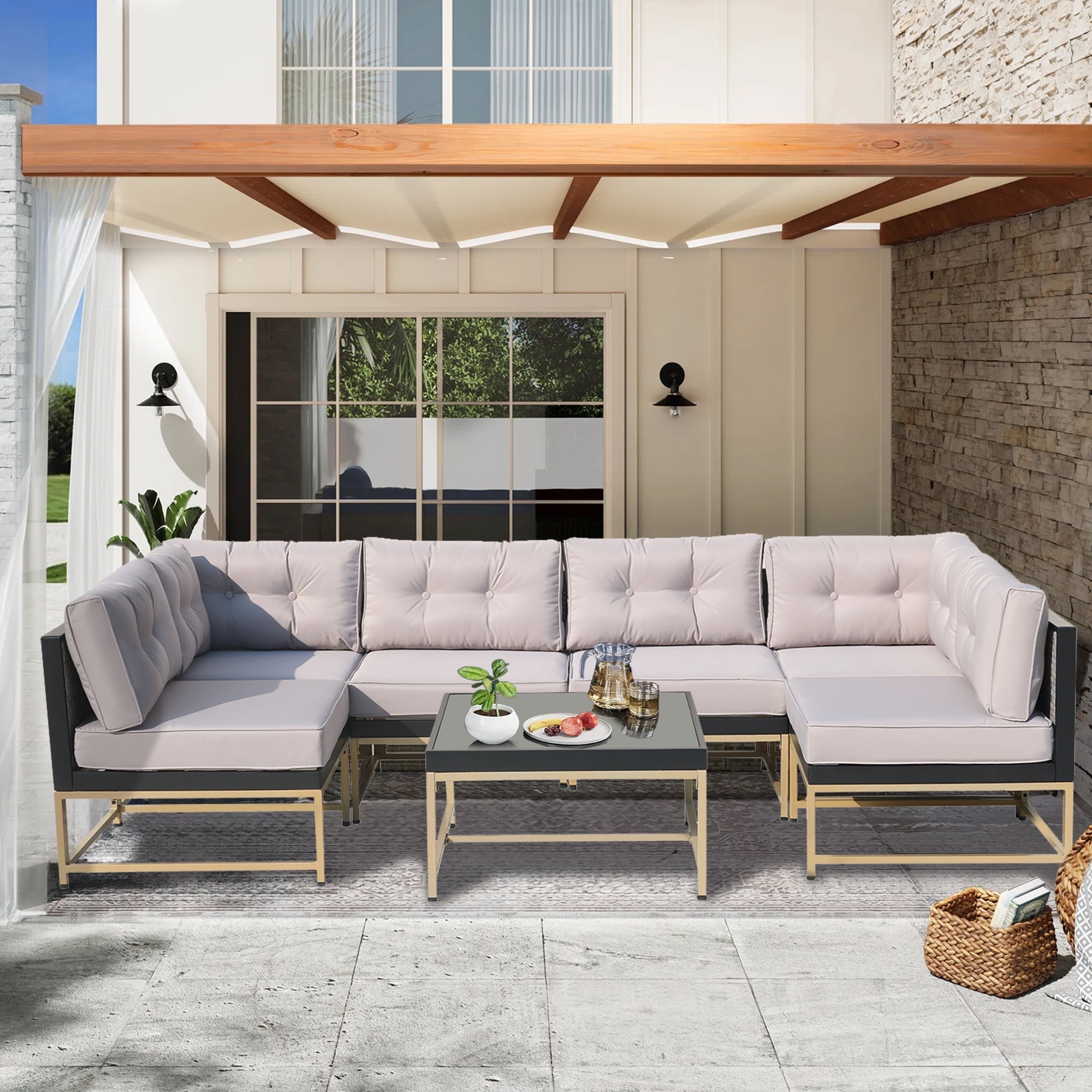Walmart Deals of 7 Pieces Patio Funiture Set, Outdoor Furniture Sectional Sofa Set,Manual Wicker Rattan Patio Conversation Set Heavy-duty Frame, with Cushions and Table, Gray