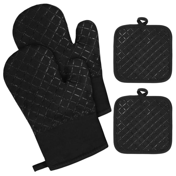 Clearance Under $8, 4 Piece Oven Mitt and Pot Holder Set, Heat-Resistant Kitchen Gloves, Non-Slip Silicone and Cotton Liners for Baking and Cooking, BBQ Accessories, One Size(Black)