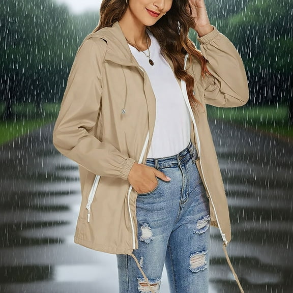 Clearance under 8!Sevevn Rainproof Jacket For Women Waterproof Windbreaker Lightweight Zipper Jacket Quarter Sleeve Hooded Jacket Raincoat Jacket With Pockets End of Year Clearance Beige XXL