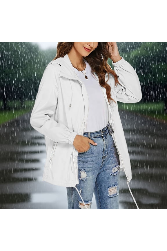 Clearance under 8!Sevevn Rainproof Jacket For Women Waterproof Windbreaker Lightweight Zipper Jacket Quarter Sleeve Hooded Jacket Raincoat Jacket With Pockets Gift for Girls White L