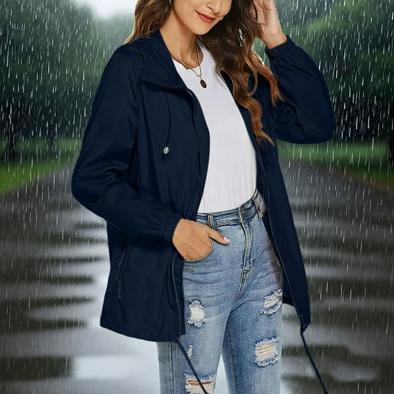 Clearance under 8!Sevevn Rainproof Jacket For Women Waterproof Windbreaker Lightweight Zipper Jacket Quarter Sleeve Hooded Jacket Raincoat Jacket With Pockets Summer Gift Navy XXL