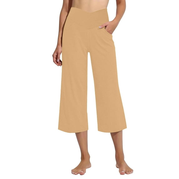 Sevevn Womens Cropped Pants Wide Leg Yoga Cropped Pants With Pockets Loose Stretch Training Tight Pants Sales Today Clearance Khaki L
