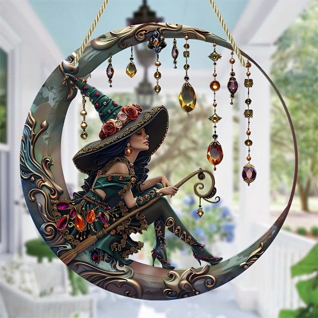 Clearance!8x8 inch Charming Moonlight Witch Acrylic Stained Glass Window Hanging Sun Catcher Decor Stained Panel Hangings Wall Art Decor, for Friends and Family (Moonlight Witch)