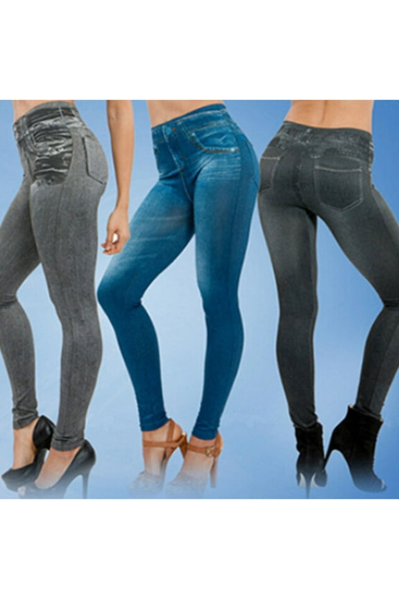 Under $9.99 Yteetum Jeans for Women High Waisted Tummy Cycling Faux Denim Jeggings Ladies Summer Casual Slim Leggings Fitness Stretchy Calf Pants S