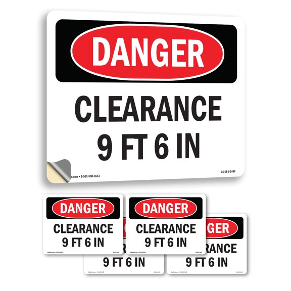 Clearance 9 Ft 6 In OSHA Danger Vinyl Decal Label 7 Inch x 5 Inch - 5 Pack